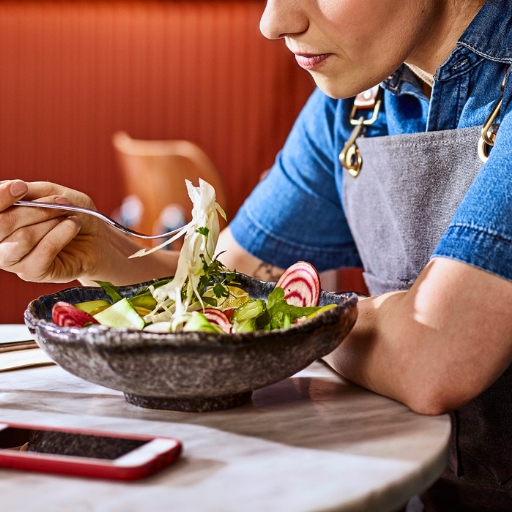Bar staff eating healthy food 