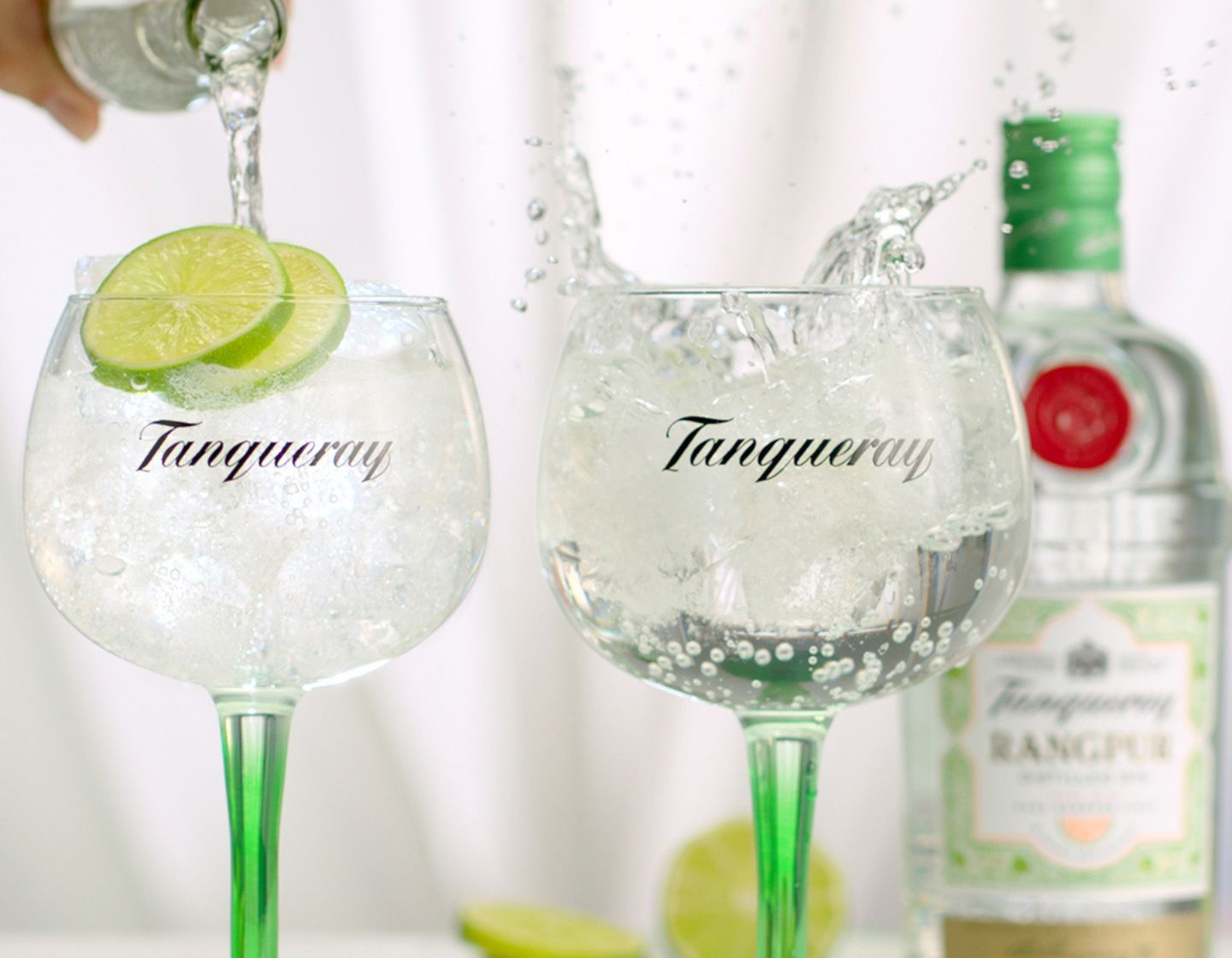 Tanqueray bottle and two cocktail glasses.
