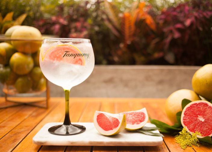 Gin tônica Tanqueray guarnecidos com fatias de grapefruit