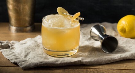 Citrus cocktail with a lemon garnish and a jigger.