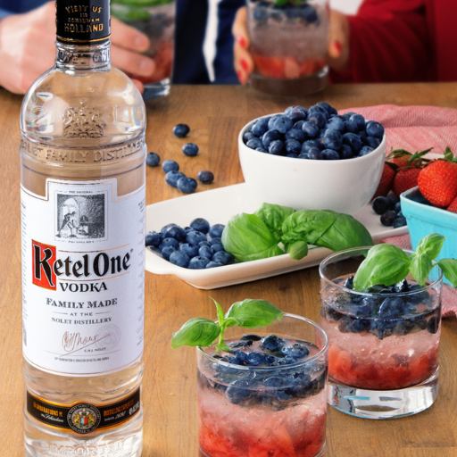 Botella de Vodka Ketel One sobre una mesa, rodeada de frutas frescas, fresas y moras