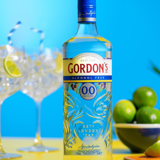  Bottle of Gordon’s 0.0% Alcohol Free beside two G&T glasses 