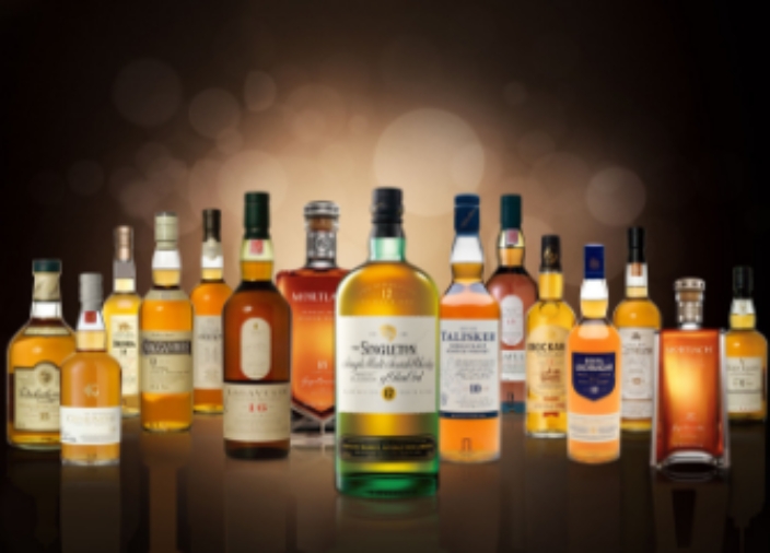 Eine Ausstellung von fünfzehn Single Malt Whiskys.