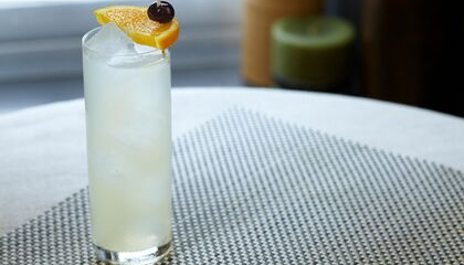 Coctel Tom collins en vaso largo decocado con naranja