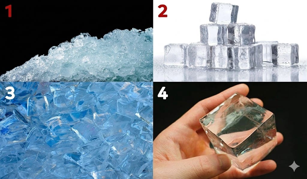 Colagem com quatro tipos de gelo numerados: 1. Gelo triturado escamado. 2. Cubos empilhados sobre fundo branco. 3. Pilha de pedras de gelo irregulares. 4. Mão segurando um cubo de gelo grande e perfeitamente cristalino em fundo escuro.