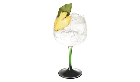 Taça redonda com haste verde e logo da Tanqueray contendo um coquetel claro e borbulhante com gelo. A bebida é decorada na borda esquerda com uma fatia de gengibre e uma folha verde. Fundo branco isolado.