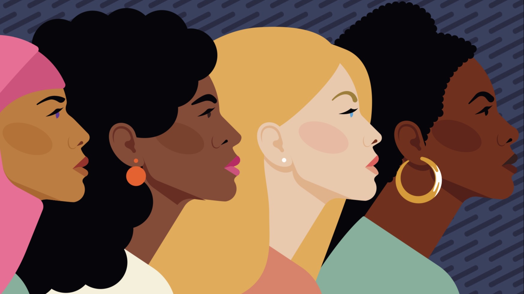 Ilustração de quatro mulheres diversas em perfil. Uma usa hijab rosa, a segunda é negra com brinco laranja, a terceira é loira de pele clara, e a quarta é negra com argola dourada. Fundo azul-escuro com linhas diagonais e pequenas estrelas no topo.