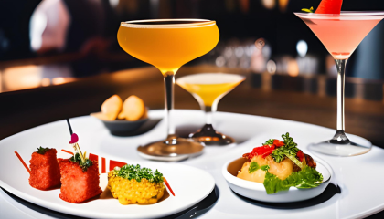 Platos de comida gourmet acompañados de 3 cocteles