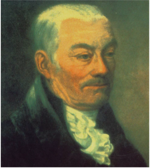 Retrato pintado histórico de un hombre con pelo gris, bigote y un pañuelo