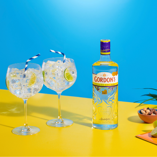 Bottle of Gordon’s gin beside two G&T glasses 