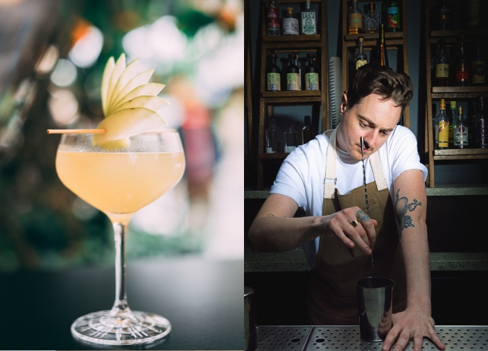 An image split in two, with a man pouring a cocktail into a jigger on the left-hand side, and a martini cocktail with apple garnish on the right-hand side.