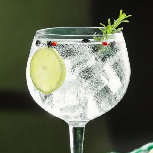 Gin tonic, con hielo, aderezado con lima y frutos rojos.