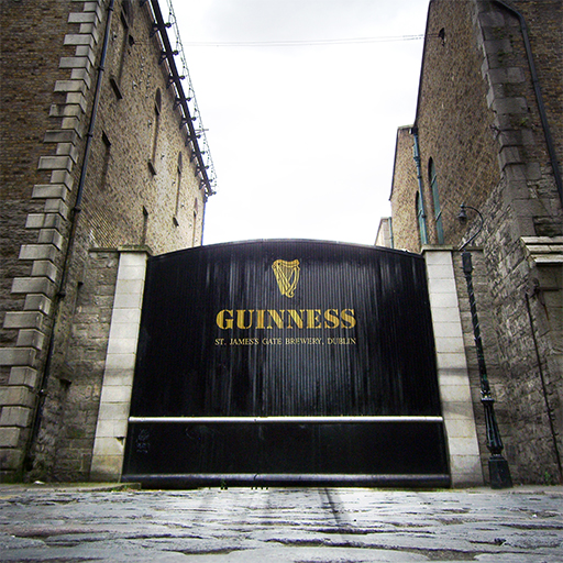 Guinness brewery St James Gate with yellow harp icon and Guinness wordmark