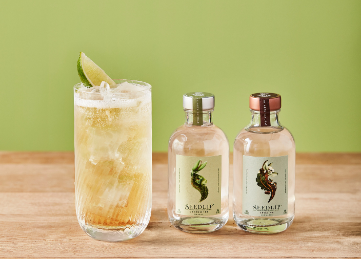 Un cóctel Nogroni con una rodaja de naranja de adorno, junto a una botella de Seedlip y dos botellas de amargo sin alcohol Aecorn.