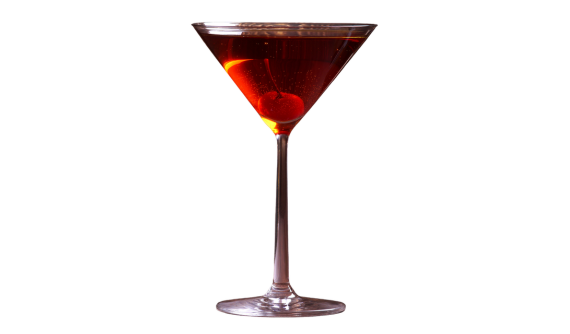 Taça clássica de martini contendo um coquetel límpido em tom vermelho-escuro profundo. A bebida elegante traz uma única cereja vermelha mergulhada no fundo do copo em formato de 'V'. Fundo branco isolado.