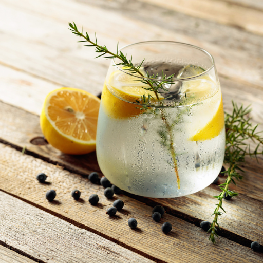 Vaso de ginebra con limones y romero