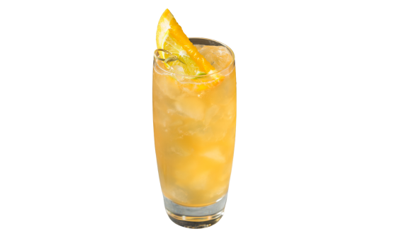 Copo alto contendo um coquetel refrescante e opaco em tom amarelo-alaranjado com gelo. A bebida é decorada no topo com fatias de cítricos presas por um palito decorativo. Fundo branco isolado.