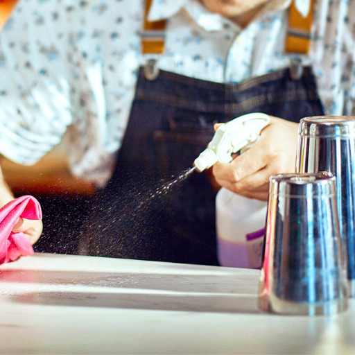 Bartender cleaning a bar surface with a cloth and disinfectant spray. 