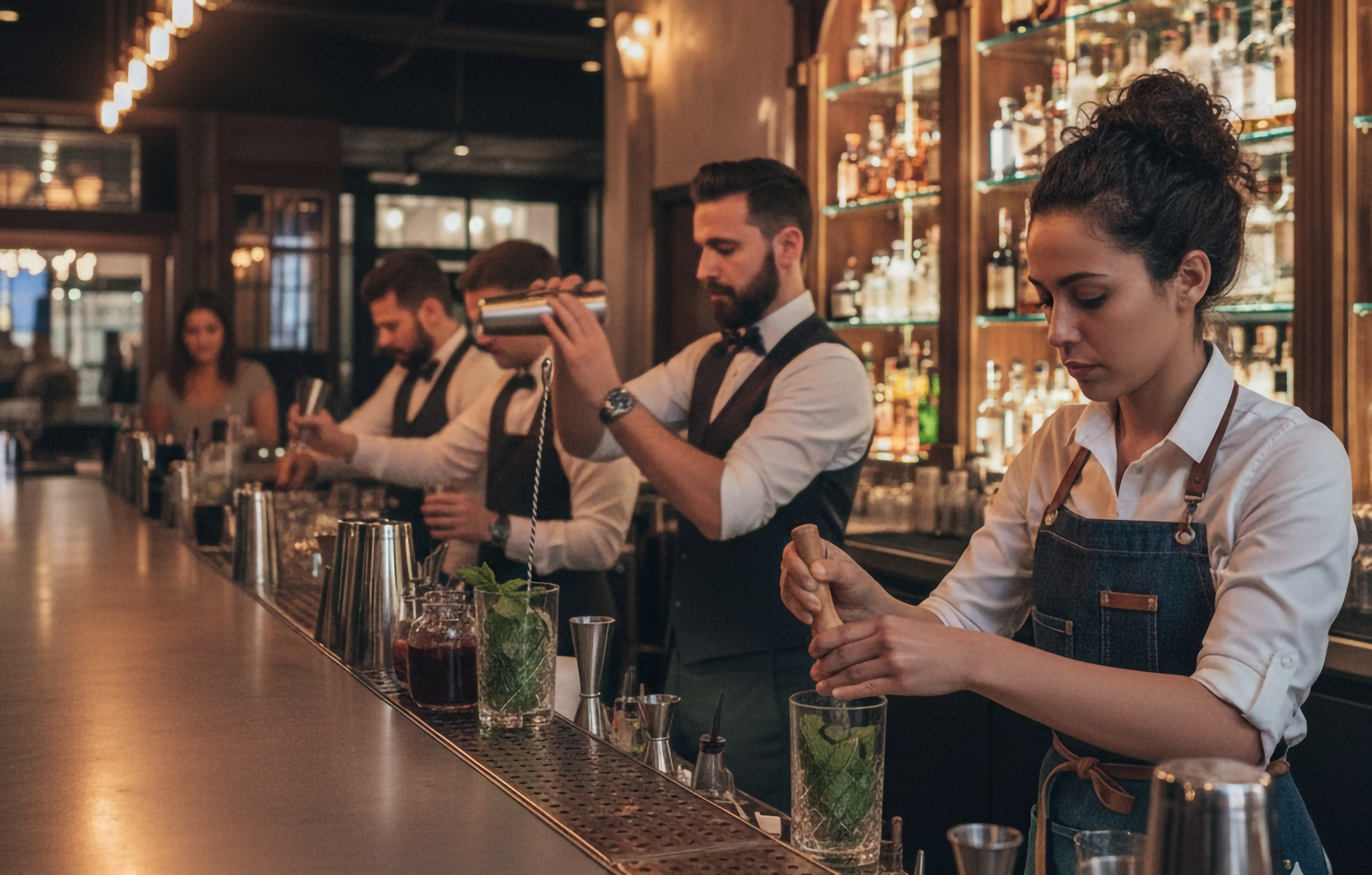 Bartenders trabajando en barra de bar