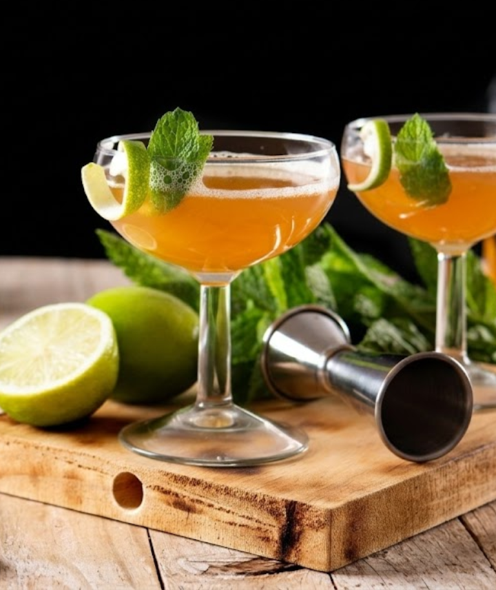 Dois copos de coquetel coupe com um líquido âmbar, cada um com um raminho de hortelã e um twist de limão. Estão sobre uma tábua de madeira com jigger de metal, hortelã fresca e limões.