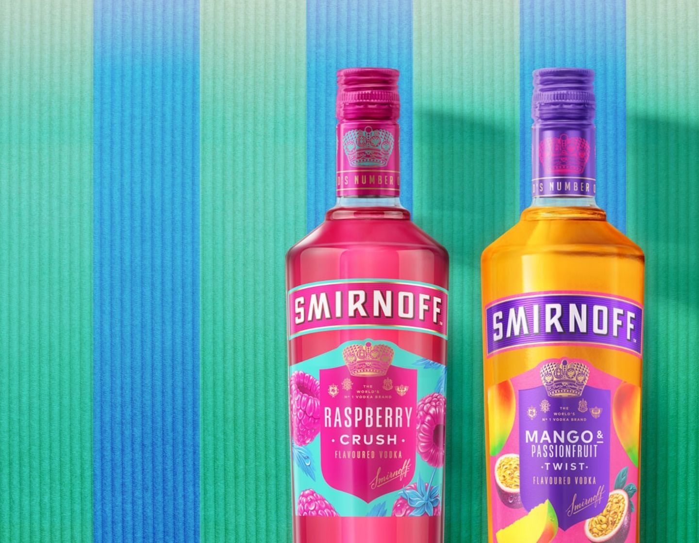 Image showing a bottle of Smirnoff Raspberry Crush and a bottle of Smirnoff Mango and Passionfruit Twist