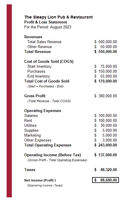 Example Profit & Loss Sheet