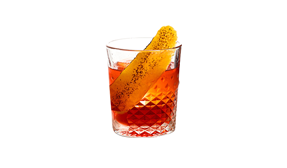 Cocktail in a rocks glass with an orange peel