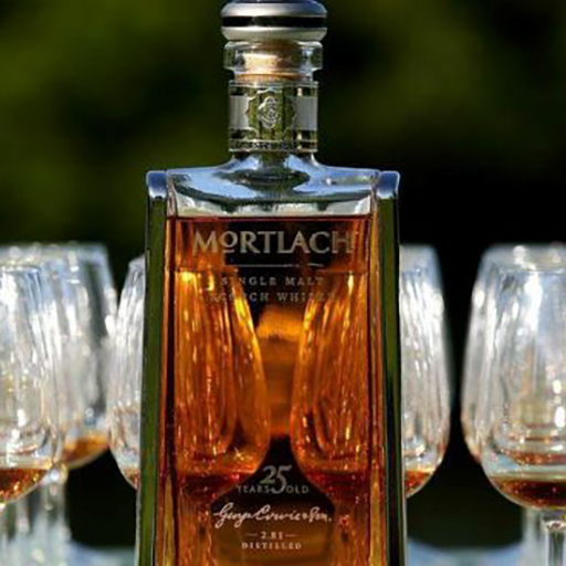 Bottle of Mortlach Whisky and whisky glasses