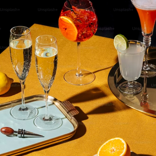 Cocktails and ingredients displayed on table