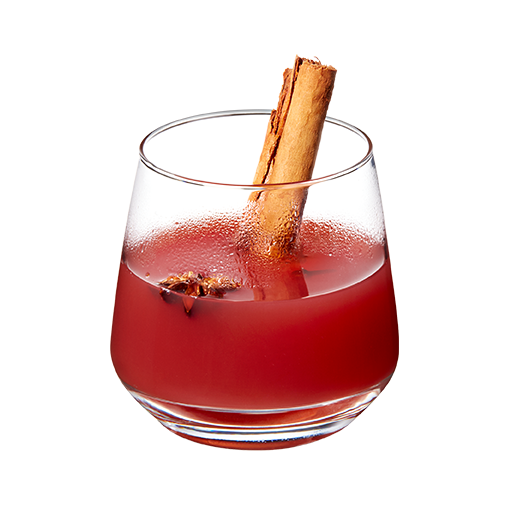 Mulled wine in a stemless wine glass with cinnamon garnish 