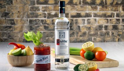 botella Ketel one al lado de un coctel bloody mary