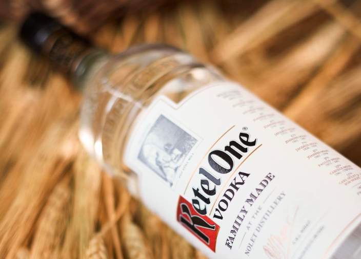 Close up image of a Ketel One vodka bottle