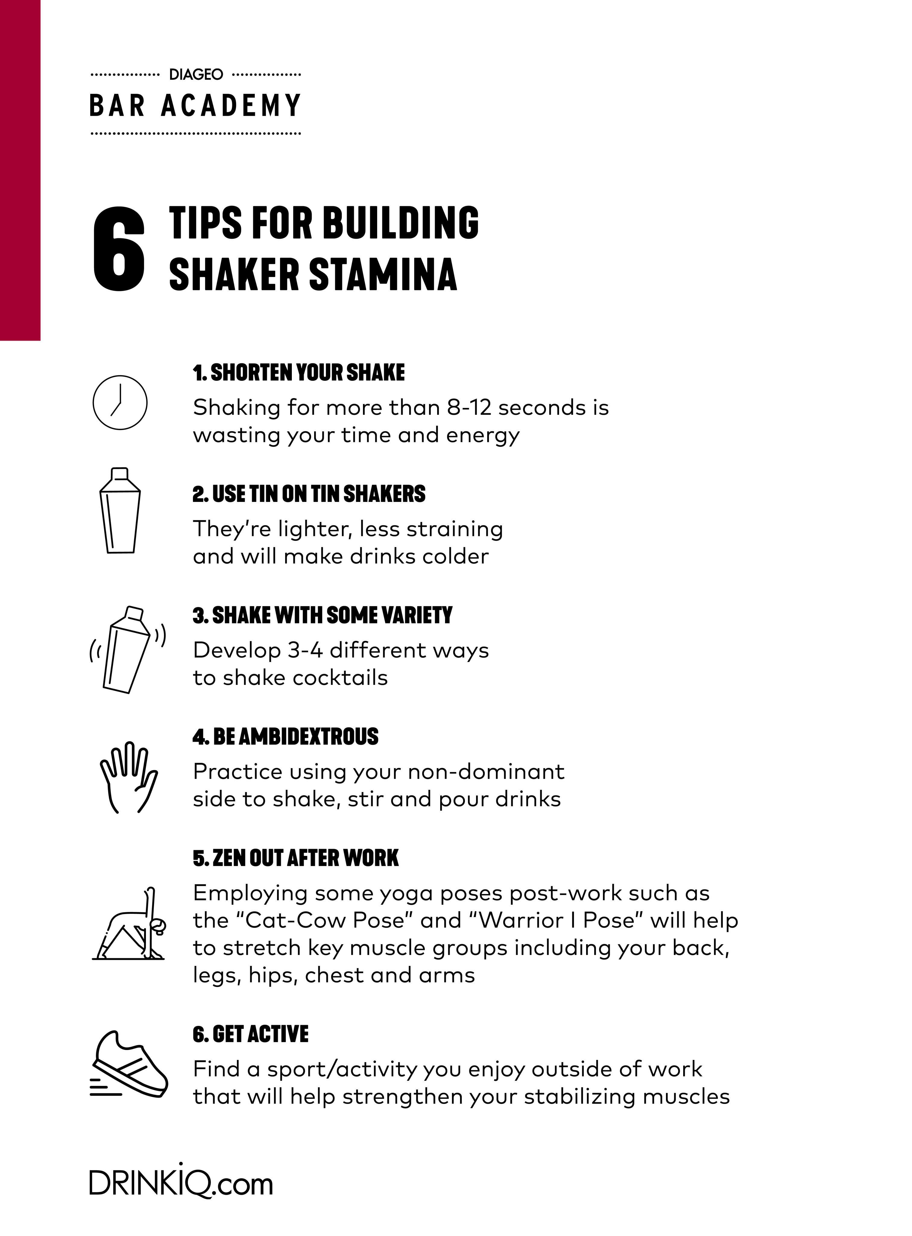 6 Tips for Building Shaker Stamina infographic, possibly need to be recreated. 