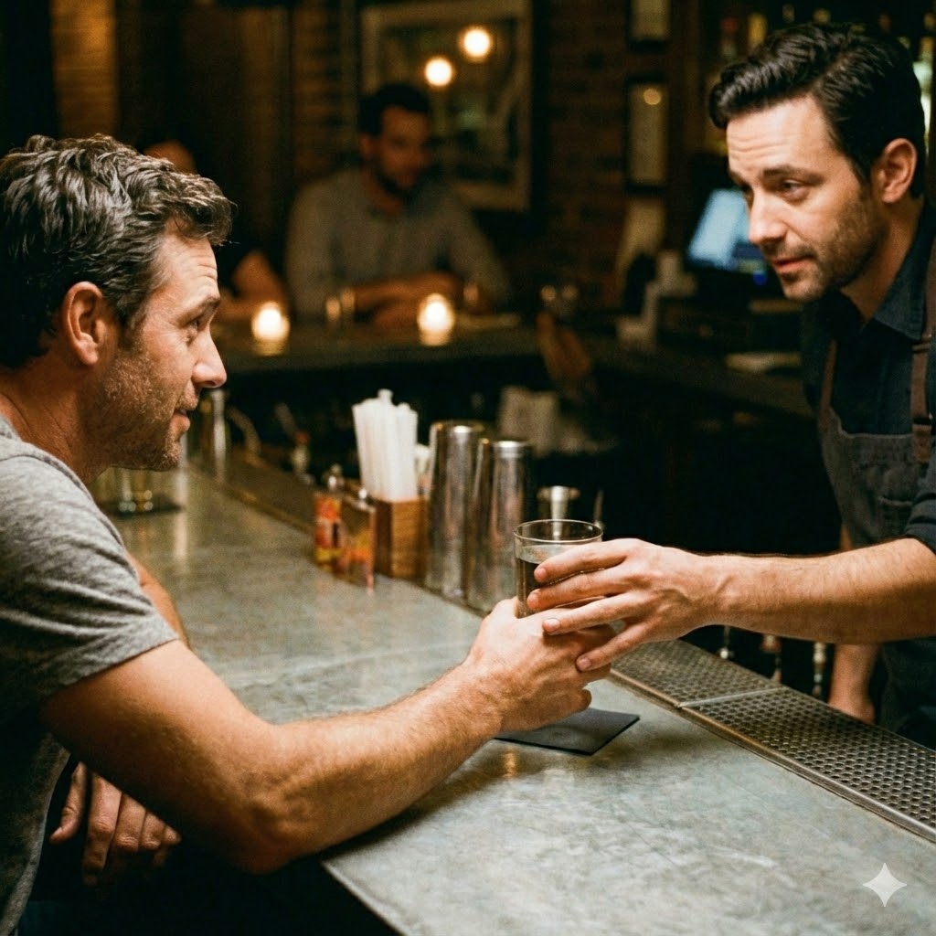 Bartender brindando agua a cliente