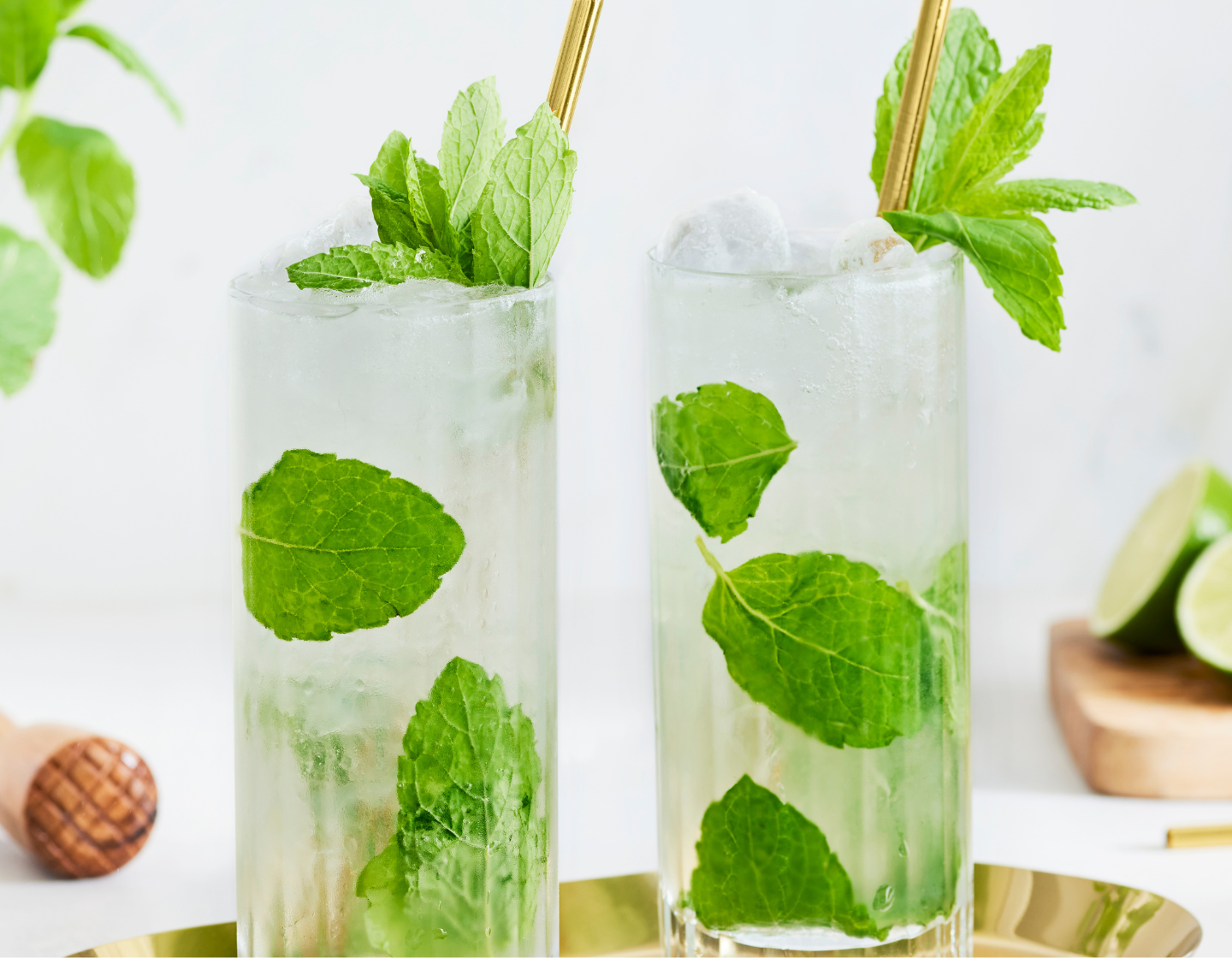 2 tall mojitos with nice mint leaves as decoration accompanied with gold straws