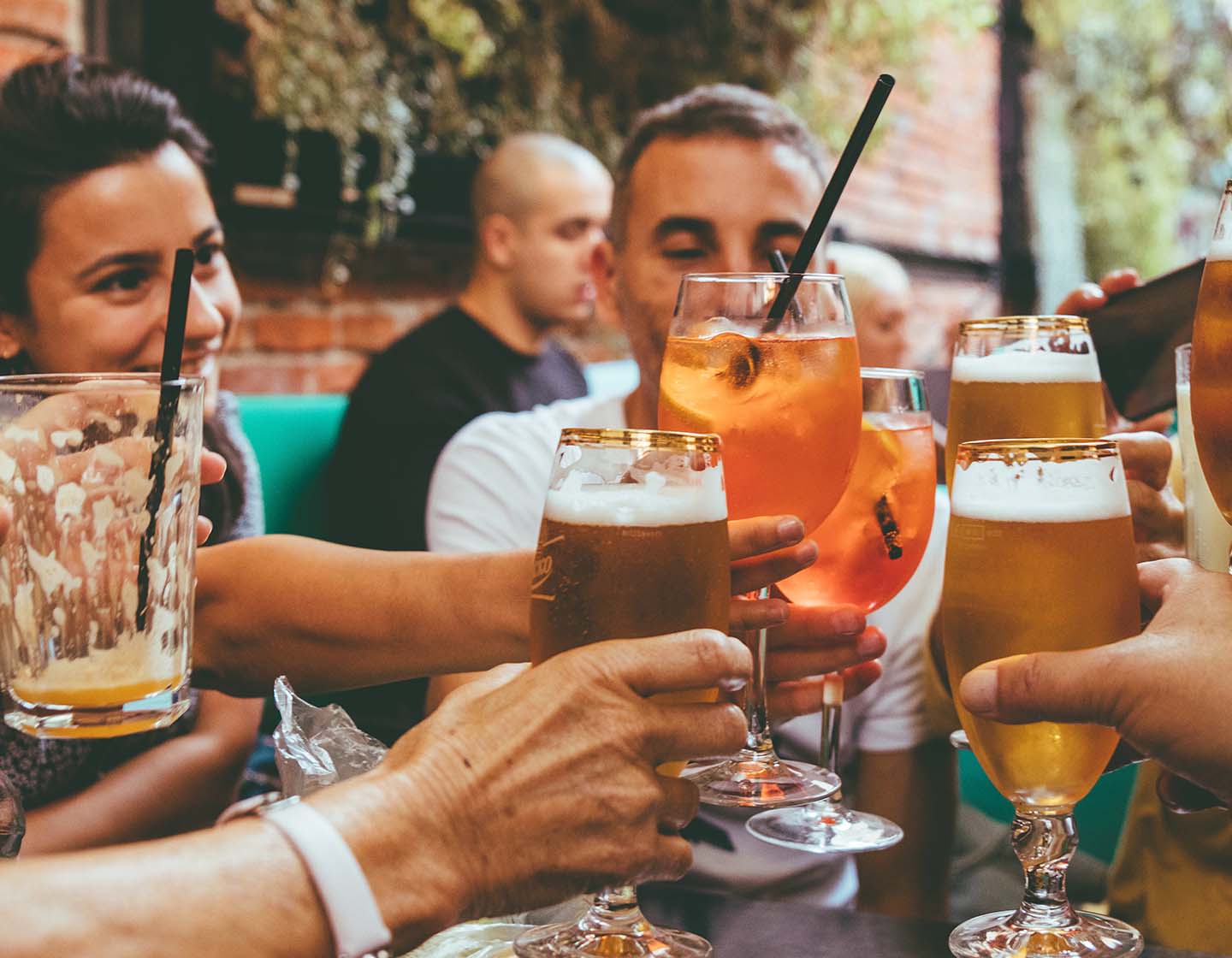 Group of guests cheersing with their glasses at a bar