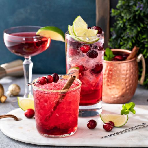 Dos cócteles de arándanos adornados con fruta 
