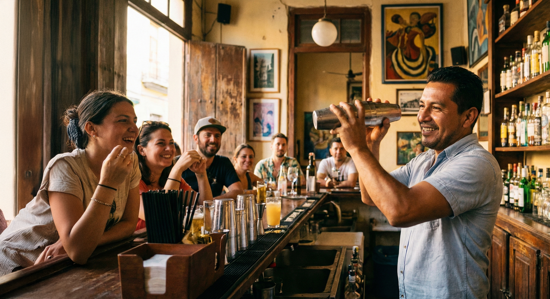 Bartender latinoamericano agitando coctel