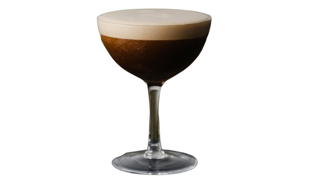Taça coupe elegante contendo um coquetel escuro em tom marrom profundo. A bebida é finalizada com uma espessa e aveludada camada de espuma creme no topo, sem decorações. Fundo branco isolado.