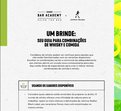 Infográfico da Diageo Bar Academy e Johnnie Walker intitulado "Um brinde: seu guia para combinações de whisky e comida". Possui texto em fundo claro texturizado com detalhes laterais verdes e amarelos, iniciando dicas de harmonização e sabores.