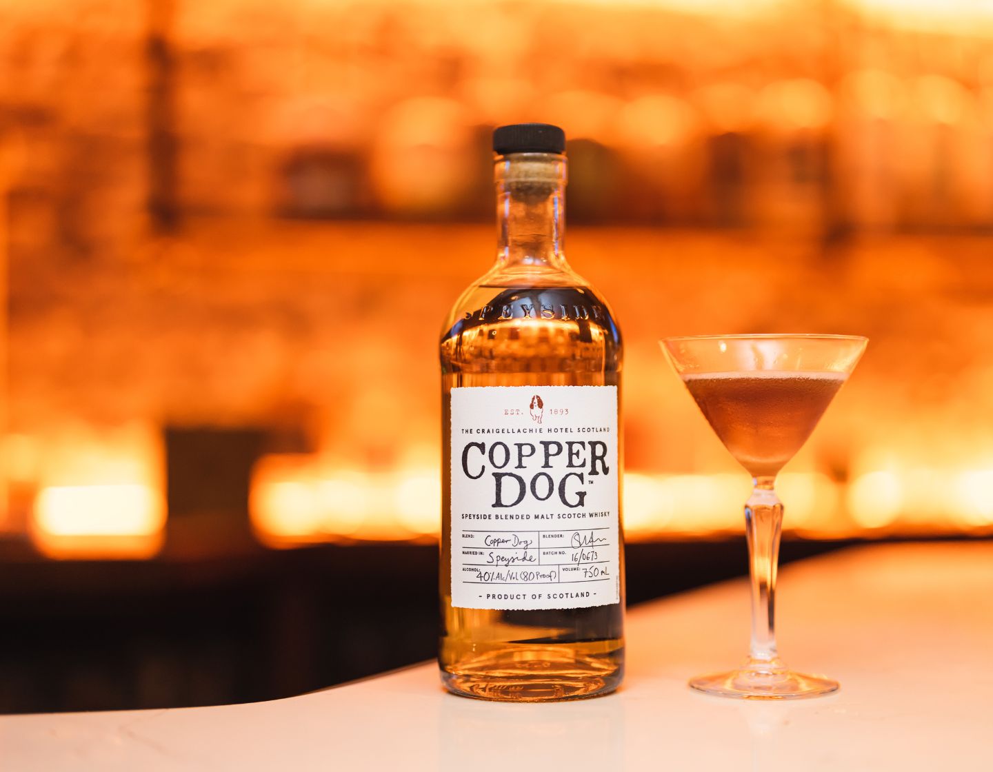 Botella de Copper Dog sobre una barra junto a un cóctel en copa de Martini 