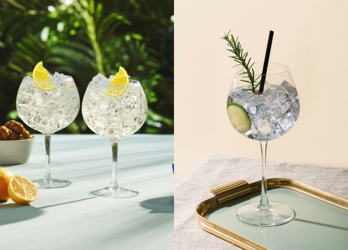 3 gin-tônicas em copos de gin clássicos