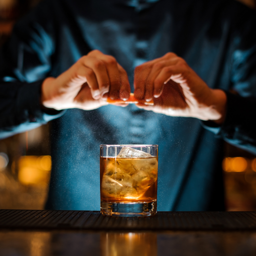 Manos exprimiendo una naranja en un cóctel de whisky.