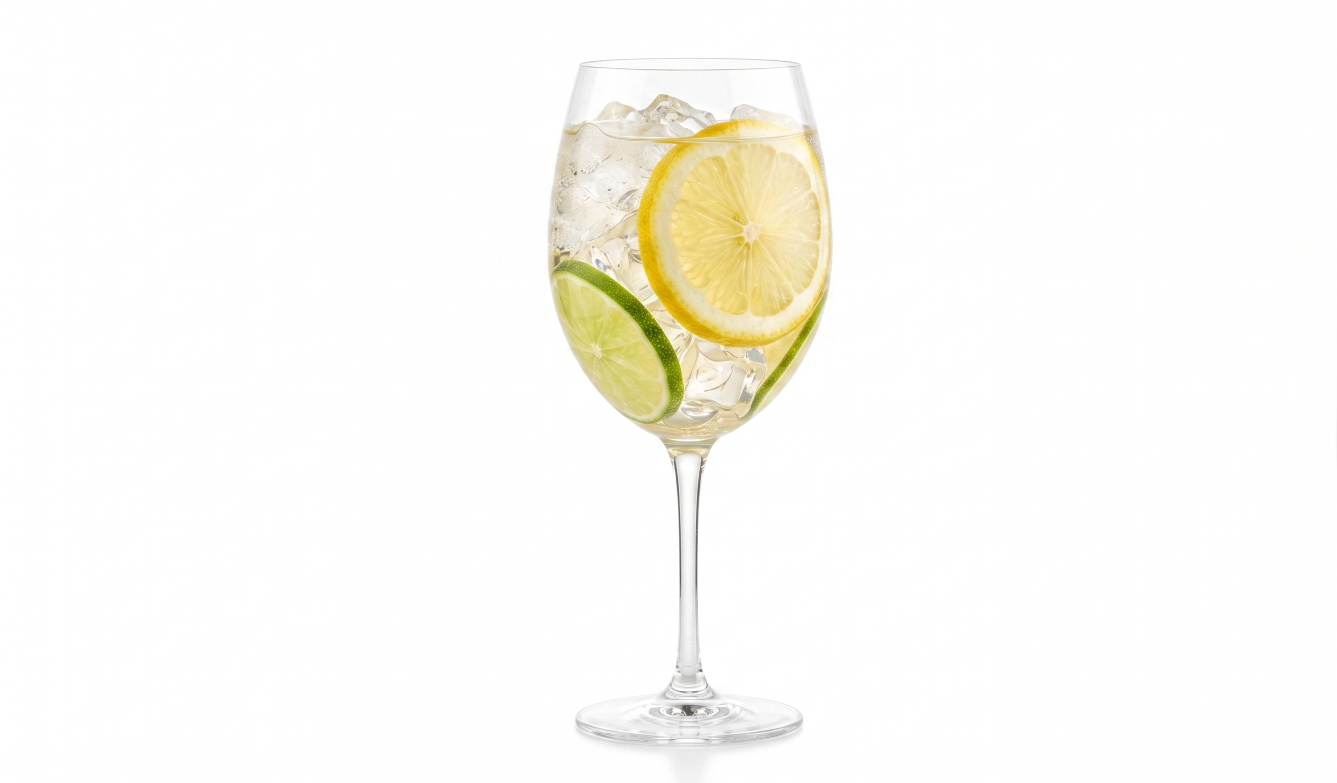 Taça de haste longa contendo um coquetel claro e refrescante com bastante gelo. A bebida é decorada em seu interior com grandes rodelas vibrantes de limão siciliano amarelo e limão verde. Fundo branco isolado.