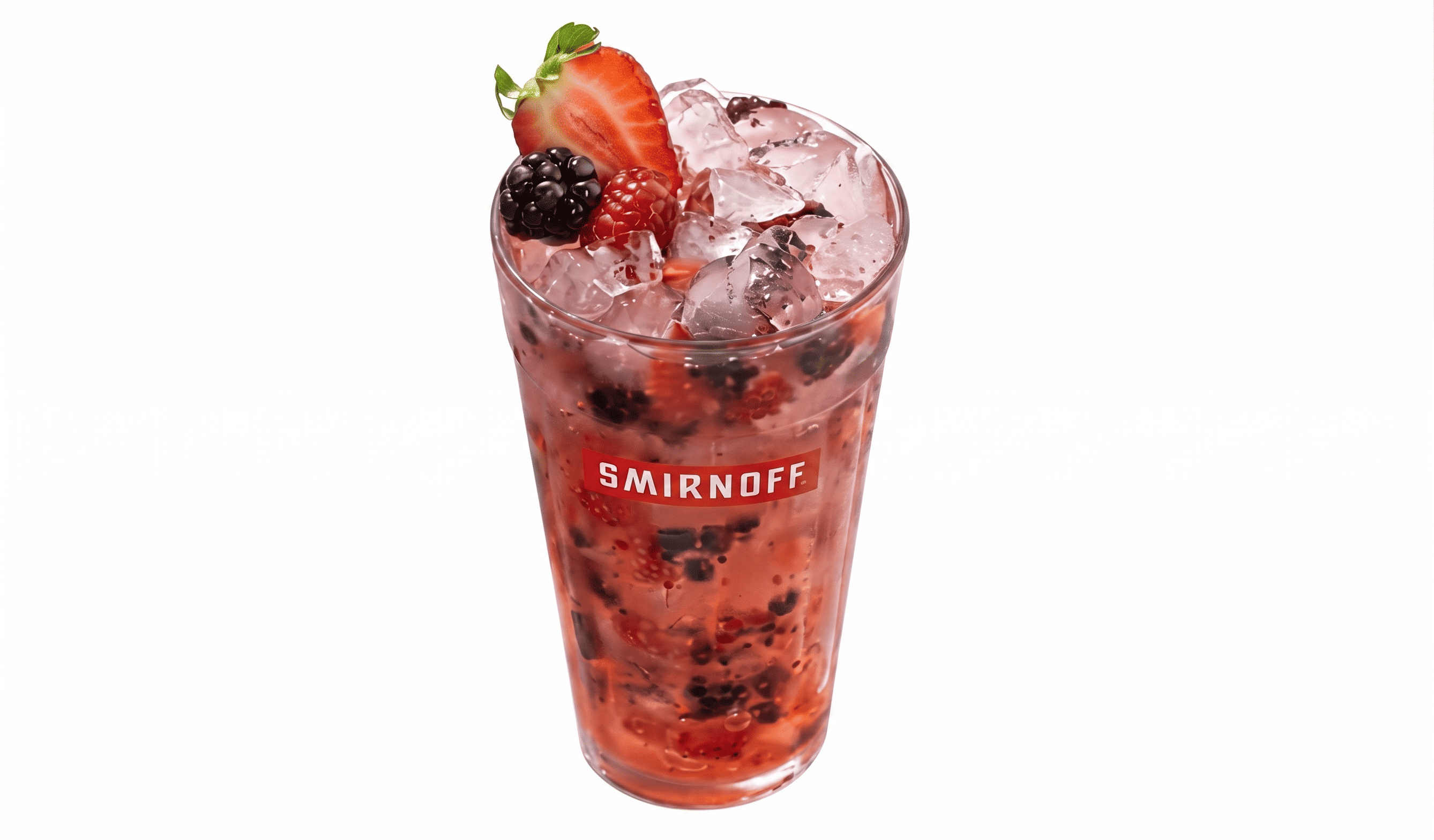 Copo alto com logo vermelho da Smirnoff contendo um coquetel avermelhado e muito gelo. O interior está cheio de frutas vermelhas misturadas. O topo é decorado com meio morango fresco, uma amora e uma framboesa. Fundo branco isolado.