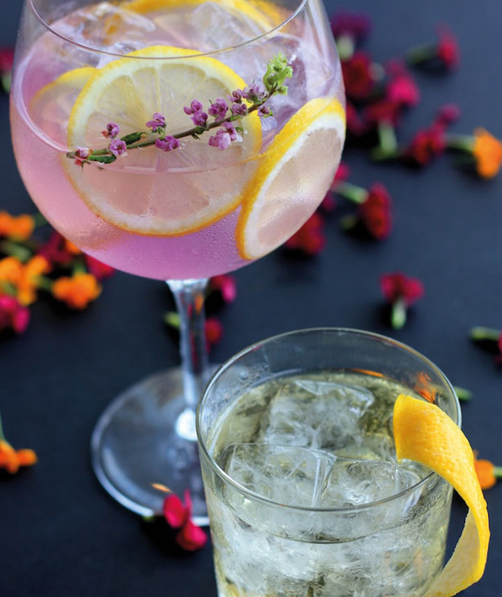 Ginebras zero Waste con guarnición de cáscaras y rodajas de cítricos.