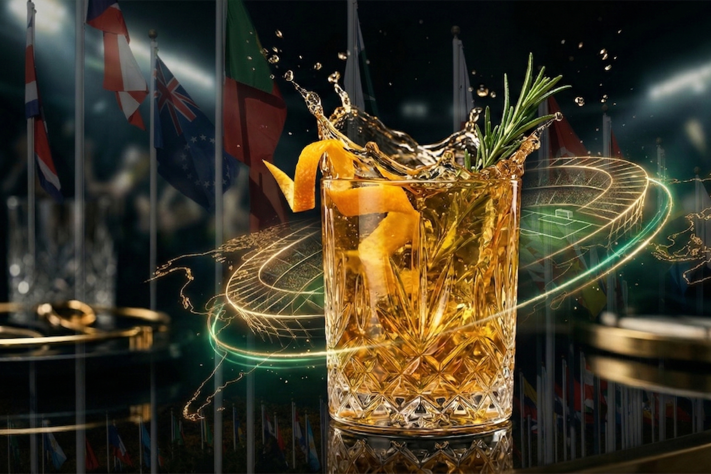 Copo de cristal com coquetel âmbar espirrando, decorado com casca de laranja e alecrim. O fundo dinâmico apresenta luzes neon verdes formando a silhueta de um estádio e um mapa-múndi, com várias bandeiras de países desfocadas ao fundo.