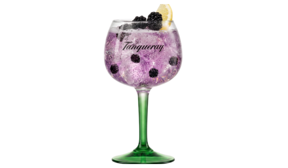 Taça redonda com haste verde e logo da Tanqueray contendo um coquetel lilás borbulhante com gelo. A bebida traz amoras espalhadas no interior e topo, sendo finalizada com uma fatia de limão amarelo. Fundo branco isolado.