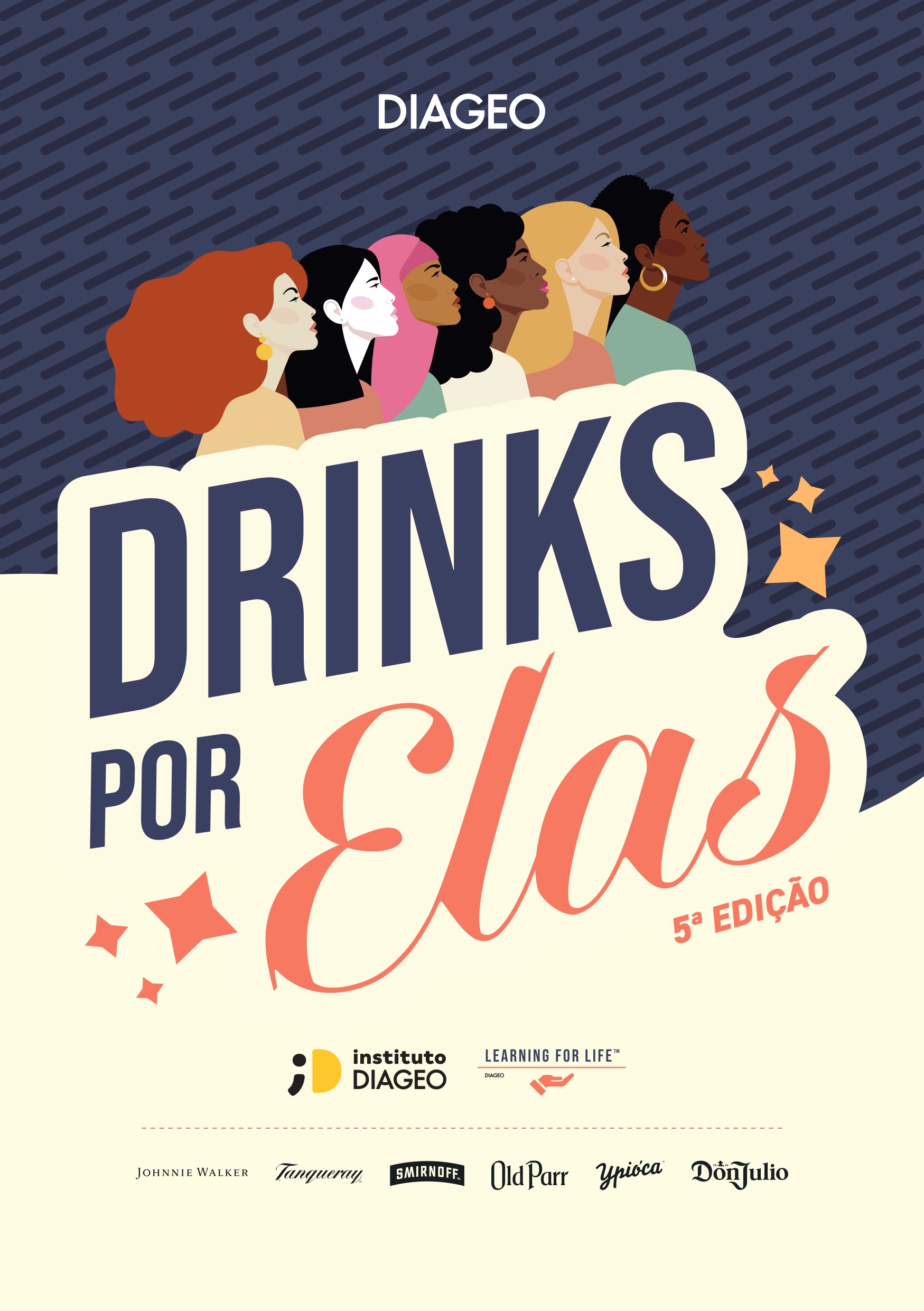 Cartaz 'DRINKS POR Elas 5ª EDIÇÃO'. Título em azul e coral sobre fundo creme. No topo, ilustração de seis mulheres diversas em perfil sob fundo escuro. Na base, logos da Diageo, Instituto Diageo, Learning for Life e marcas parceiras.