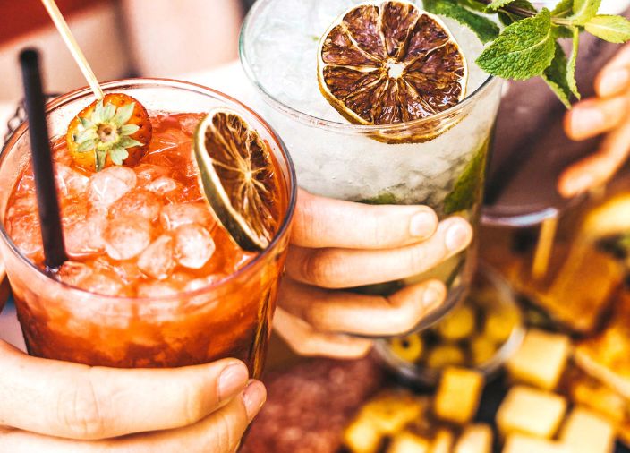 Batched cocktails in glasses